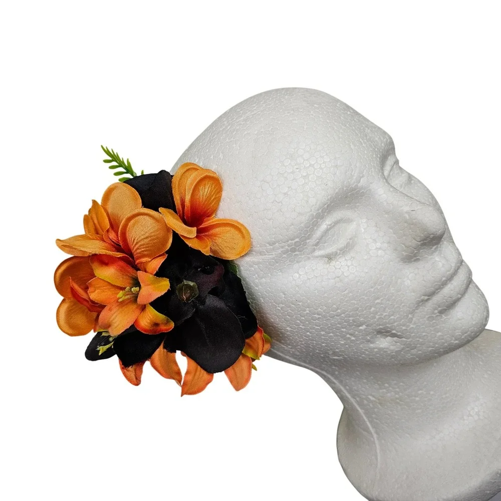 Handmade Orange & Black‎ Flowers Floral Hair Clip Fascinator Tiki Gothic VLV